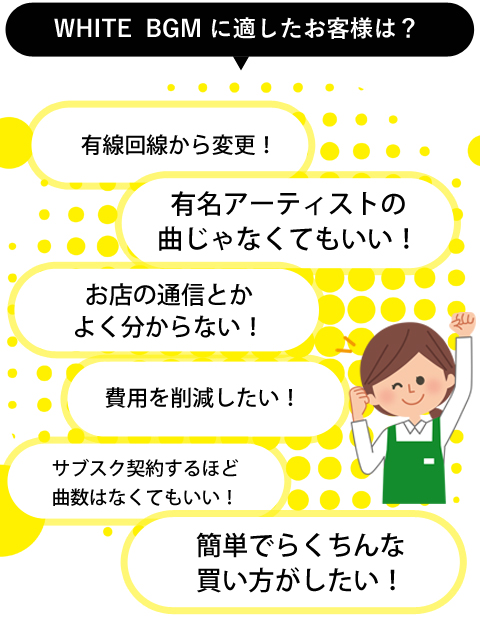 「有線回線から変更したい！」「有名アーティストの曲じゃなくてもいい」「お店の通信とかよく分からない」「費用を削減したい」「サブスク契約するほど
曲数はなくてもいい」「簡単でらくちんな買い方がしたい」といったご意見のお客様がWHITE BGMに適しています。