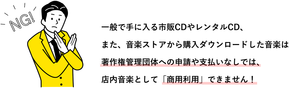 一般で手に入る市販CDやレンタルCD、また、音楽ストアから購入ダウンロードした音楽は著作権管理団体への申請や支払いなしでは、店内音楽として「商用利用」できません！