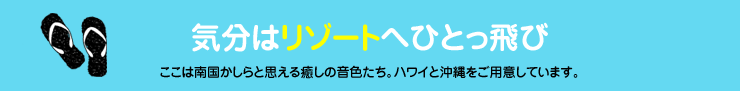 気分はリゾートへひとっ飛び　ここは南国かしらと思える癒しの音色たち。ハワイと沖縄をご用意しています。