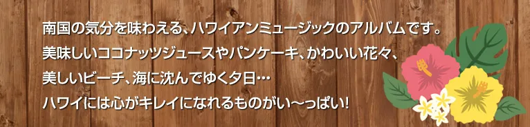 南国の気分を味わえる、ハワイアンミュージックのアルバムです。美味しいココナッツジューズやパンケーキ、かわいい花々、美しいビーチ、海に沈んでゆく夕日…ハワイには心がキレイになれるものがい～っぱい！