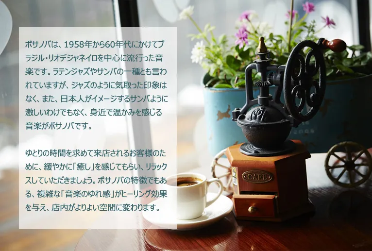 ボサノバは、1958年から60年代にかけてブラジル・リオデジャネイロを中心に流行った音楽です。ラテンジャズやサンバの一種とも言われていますが、ジャズのように気取った印象はなく、また、日本人がイメージするサンバように激しいわけでもなく、身近で温かみを感じる音楽がボサノバです。ゆとりの時間を求めて来店されるお客様のために、緩やかに「癒し」を感じてもらい、リラックスしていただきましょう。ボサノバの特徴でもある、複雑な「音楽のゆれ感」がヒーリング効果を与え、店内がよりよい空間に変わります。