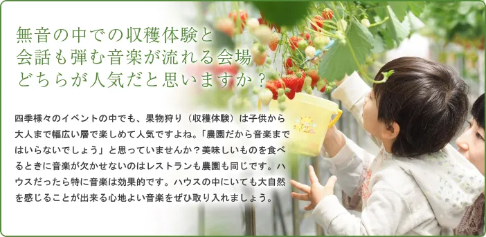 音楽は場所によって雰囲気の違う曲調を選ぶ必要があります。室内やオフィスなどは快適さ重視の心地よい主張しすぎない音色であることが大事ですが、野外やイベントなど、開放的な場所では、程よく軽快でリズムのある楽曲をおすすめします。オシャレなボサノバもいいですが、ぬくもりのあるカントリー調や、ゆったり優しいフォークミュージックがぴったりです。